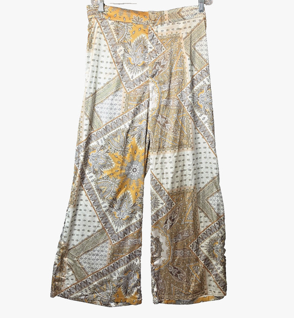 Cider Pants - Cider Cream Yellow Satin Boho Paisley Wide Leg Trousers Size 1XL 16W-18W